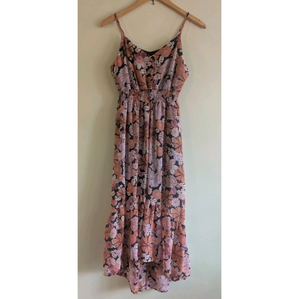 3rd + Malt Floral Maxi Dress Womens Sz L Smocked Waist Spaghetti Strap